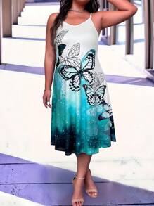 SHEIN LUNE Plus Size Women's Spaghetti Strap Butterfly Print Fitted Knit Dress - Multicolor - View 4