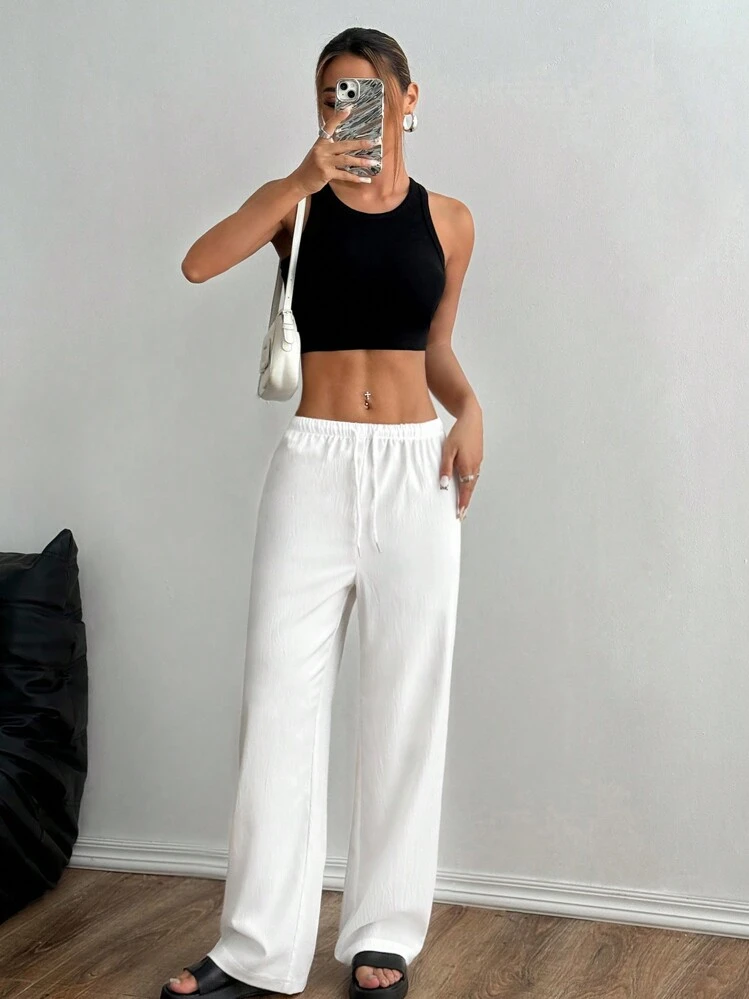 SHEIN Unity Calças Palazzo de Ajuste Folgado com Cordão da Cor Sólida para Mulheres - Branco - Visão 3