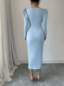 SHEIN Raffinéa 方形领口泡泡袖，前中心褶皱，腰部收褶优雅女士连衣裙，长款女士服装 - 藍色 - 查看 2