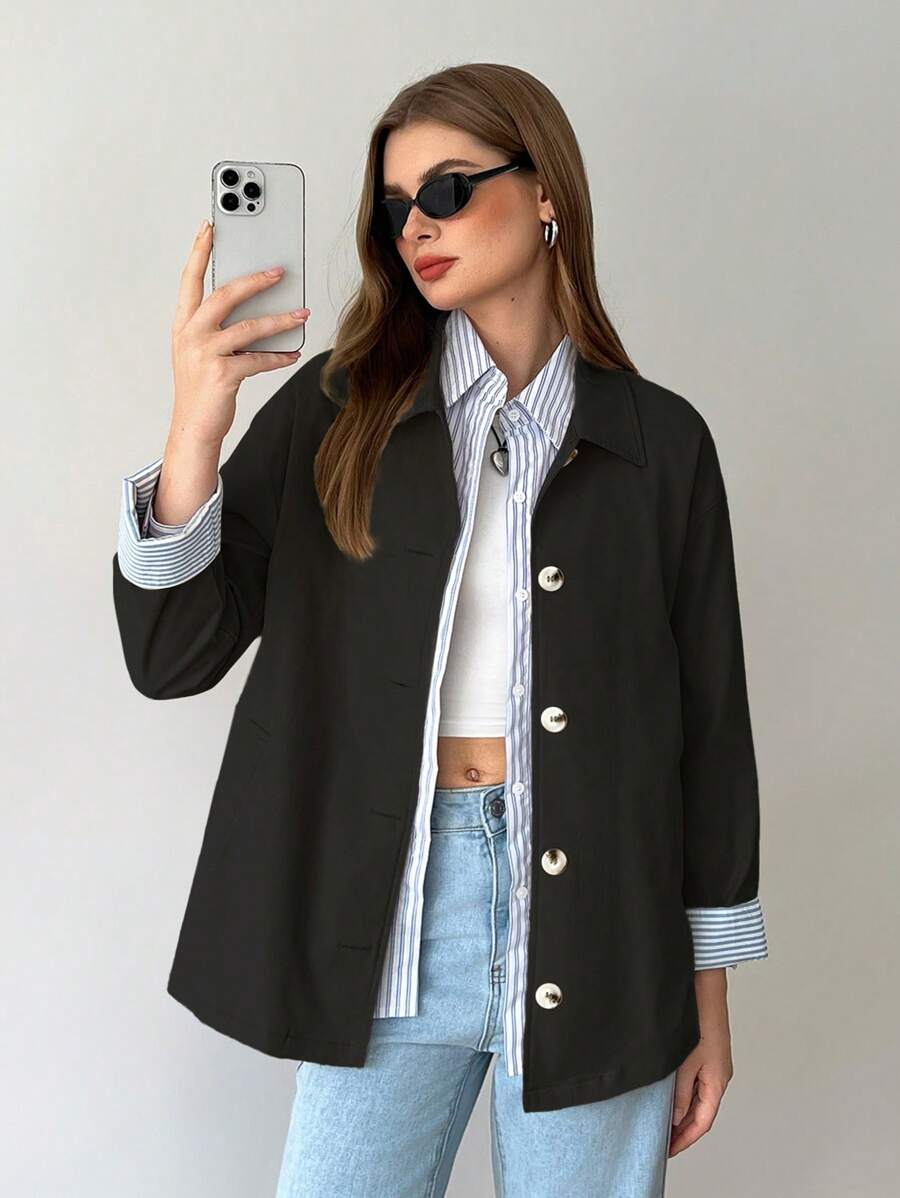 SHEIN Unity Chaqueta informal de mujer de longitud midi oversize con bloques de color y rayas - Negro - Ver 1