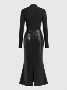 SHEIN Privé 2 Stücke elegantes Business Damen Set aus schwarzem Top und PU Rock - Schwarz - Übersicht 4