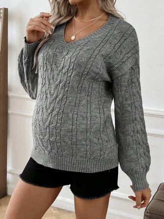 SHEIN Maternity Cable Knit V-Neck Sweater, Autumn/Winter