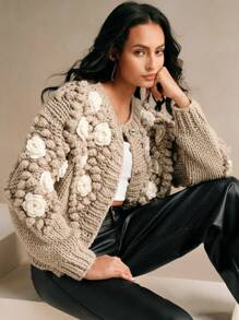 Anewsta 圆领长袖厚针织宽松休闲毛衣外套，秋冬 - 卡其色 - 查看 7