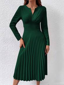 Chiquease Đầm Maxi Cổ Chữ V Màu Trơn Thanh Lịch Có Viền Xếp Ly Cho Trang Phục Mùa Thu Cho Nữ - Màu xanh lá cây đậm - Xem 5