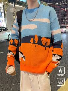 Claim Dot Men's Contrast Color Graphic Print Crew Neck Long Sleeve Sweater