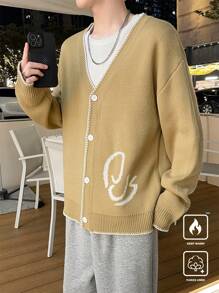 Claim Dot Men's Graphic V-Neck Dropped Shoulder Casual Loose Cardigan, Fall/Winter - Apricot - View 7