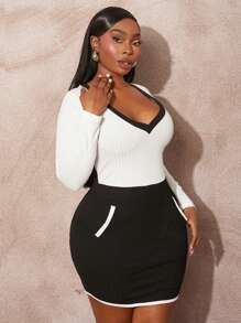 SHEIN SXY 大码女式性感妖娆黑白拼色深 V 领长袖紧身迷你连衣裙