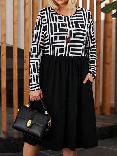 EMERY ROSE Plus Size geometriskt mönster Patchwork Pocket Crew Neck långärmad klänning