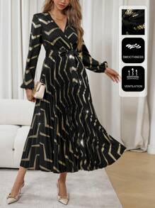 Chiquease Women's Spring & Summer V-Neck Lantern Sleeve Elegant Overlap Striped Foil Dress - Black - View 1