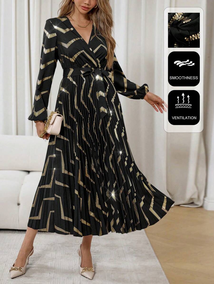 Chiquease Women's Spring & Summer V-Neck Lantern Sleeve Elegant Overlap Striped Foil Dress - Black - View 1