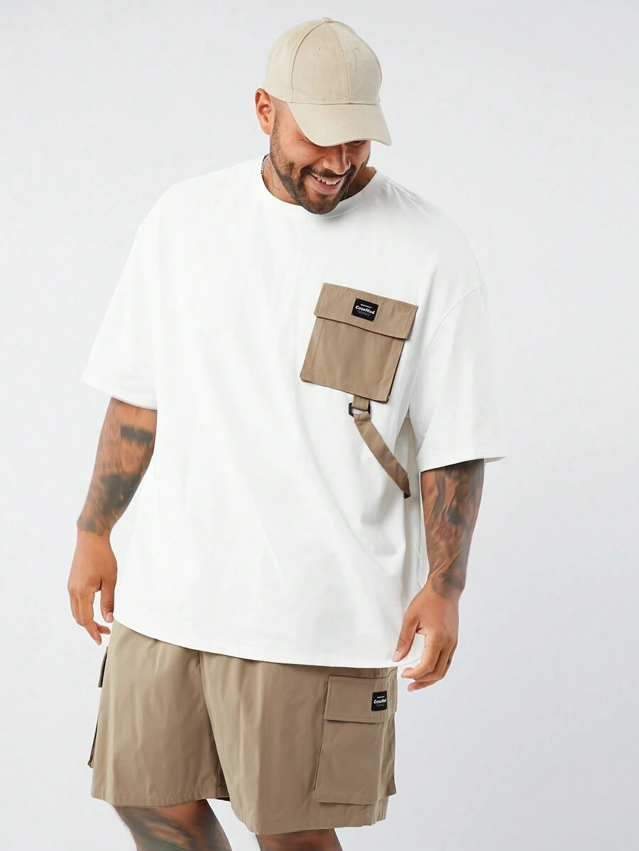 EASEVO Plus Size Men's Loose Fit Crew Neck Pocket Short Sleeve T-Shirt And Shorts Set - White - View 1