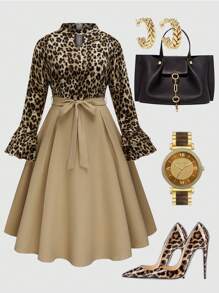 大码优雅豹纹拼布喇叭袖连衣裙，秋季长款女装 - 彩色 - 查看 1