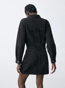 SHEIN Maija Váy denim mini thường ngày cho nữ, tay dài, màu đen - màu đen - Xem 4