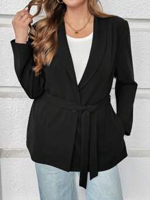 SHEIN Essnce Plus Size Dames Herfst En Winter Mode Casual Basic Strik Taille Zwart Slanke Pak Jas, Herfst Dames Kleding, Blazer, Kantoorkleding, Herfstjassen, Zakelijke Casual Dames