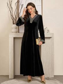 Al Najma Elegant Long Sleeve Velvet Modest Dress, Spring-Autumn 2024 New Arrival - Black - View 3