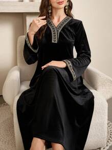 Al Najma Elegant Long Sleeve Velvet Modest Dress, Spring-Autumn 2024 New Arrival - Black - View 8