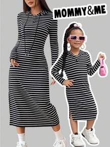 SHEIN 年轻女孩罗纹针织连帽休闲连衣裙 - 黑與白 - 查看 1