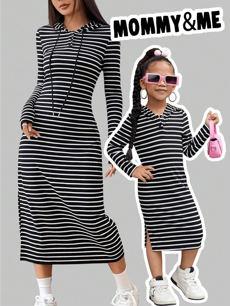 SHEIN 年轻女孩罗纹针织连帽休闲连衣裙 - 黑與白 - 查看 1