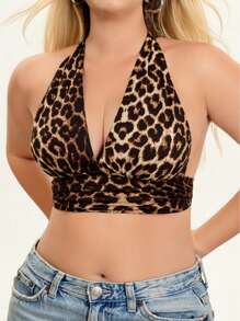 SHEIN EZwear Große Größen Lässiges, sexy Leoparden Muster Neckholder Trägershirt, Sommer