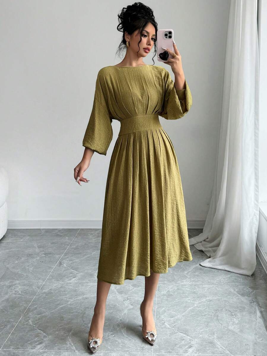 Calvaya Textured Elegant Batwing Sleeve Empire Waist Pleated Lantern Sleeve Dress Maxi Women Outfit