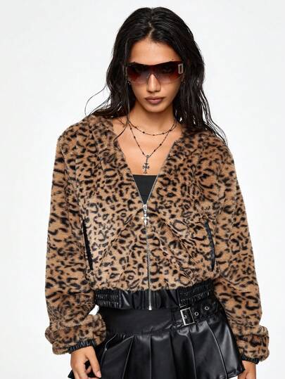 J-Fashion Chaqueta de mujer con estampado de leopardo y textura esponjosa
