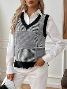 SHEIN Pregnant Women V-Neck Striped & Floral Print Sleeveless Split Sweater, For Maternity - Black and White - View 4