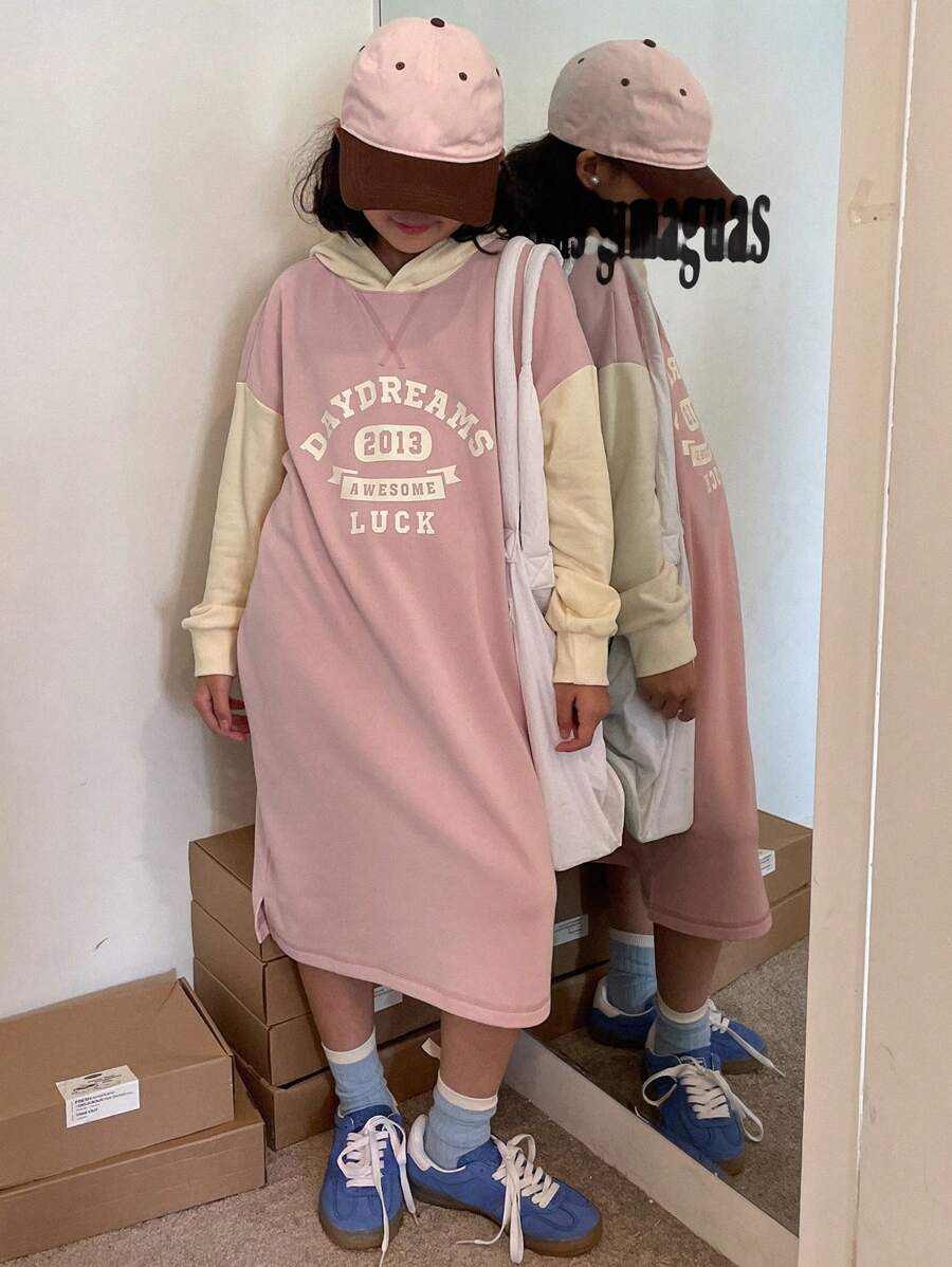 DAZY Tween Girl Hooded Straight Letter Print Knitted Dress,Back To School Clothes