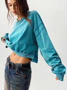 Bohemela Women's Casual Solid Color Knit Dropped Shoulder Loose Fit Sweatshirt - Mint Green - View 1