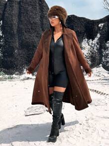 Flirla Plus Size Women's Casual Stand Collar Long Sleeve Long Coat For Winter
