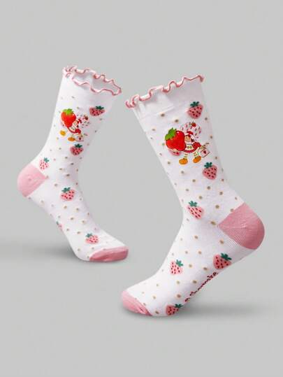 1 Pair Fashion Ruffle Trim Strawberry Pattern Mid-Calf Socks For Women
