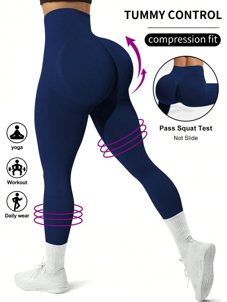 SHEIN Yoga Basic Leggings de yoga sans coutures, taille haute, extensibles et de couleur unie - Bleu marine - Voir 1