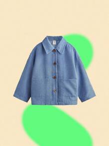 SHEIN 秋冬季少女纯色灯芯绒长袖简约休闲夹克，蓝色 - 藍色 - 查看 5