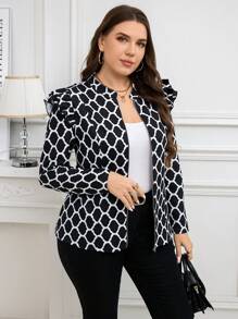 SHEIN Clasi 大码几何图案荷叶边下摆拉链夹克，秋冬 - 黑色 - 查看 8