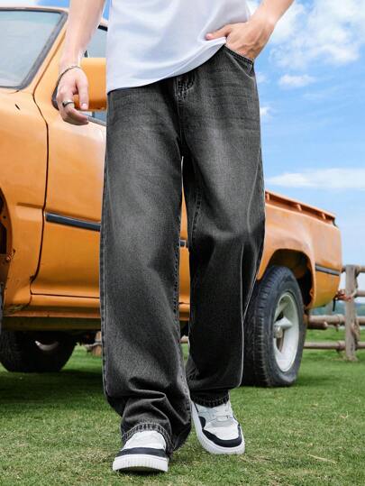 SHEIN Teen Boy Wash Casual Street Simple Casual Everything Comfortable Baggy Jeans For Summer Vacation And Dailywear