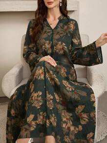 Al Najma Vestido elegante de estilo árabe con estampado floral, cuello en V y manga larga, vestido maximodesto de línea A, para uso casual diario/en casa/al aire libre