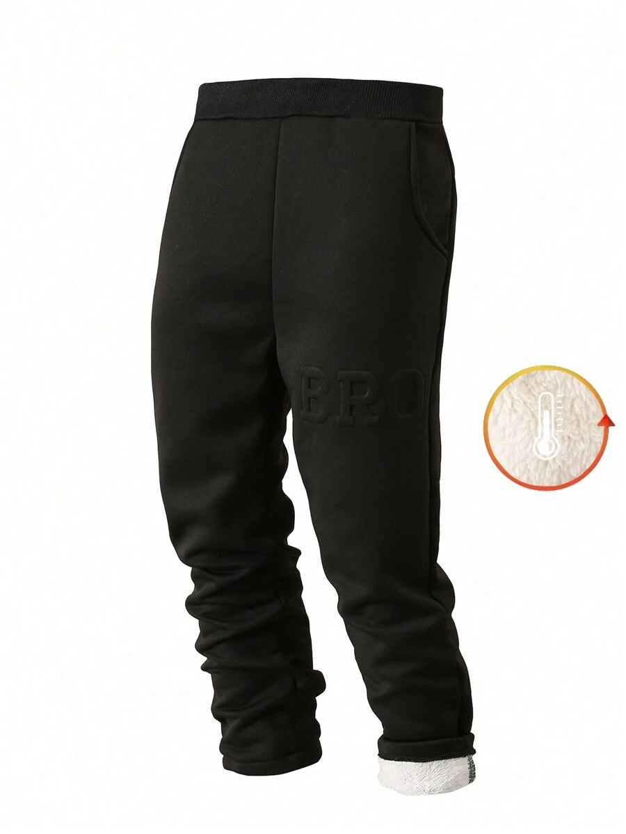 SHEIN Tween Boy Winter Thick Flocked 3D Embossed Pants - Black - View 1