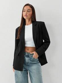 SHEIN Unity 女士休闲宽领长袖纯色西装外套，秋季 - 黑色 - 查看 3