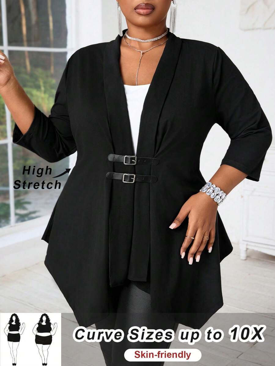 SHEIN CURVE+ Cardigan Plus Size Preto Manga Longa Botão De Metal, Bainha Assimétrica Jaqueta Feminina Para Outono/Inverno - Preto - Ver 1