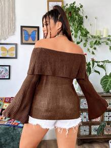 Flirla 大码女式纯色露肩针织套头衫 - 棕色 - 查看 2