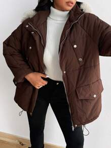 Flirla Solid Color Casual Short Plush Collar Comfortable Padded Padded Coat Clothes Winter Fall Cloth For Women - Apricot - View 4