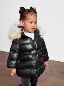 女婴可爱纯色保暖内衬连帽夹克，秋冬