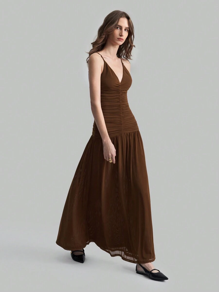 Ontre 女士2025新款百搭实用连衣裙，无袖褶皱设计连衣裙，休闲商务办公室通勤连衣裙，高品质机场时尚，优质材质 - 咖啡棕 - 查看 1