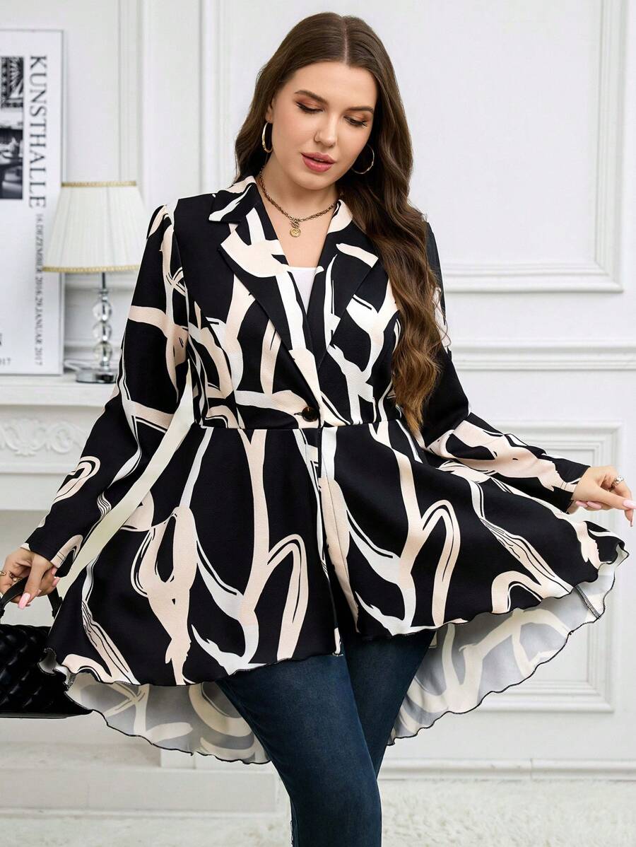 SHEIN Clasi Plus-Size Asymmetrical Hem Single Breasted Lapel Blazer, Autumn - Black and White - View 1