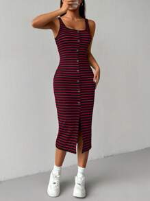 Muchica 女式夏季休闲条纹前纽扣修身长裙 - 藍色 - 查看 3