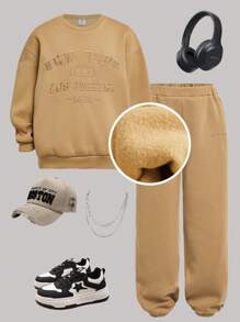 2pcs Set Tween Girls' Loose Casual Chic Embroidered Sweatshirt And Tapered Sweatpants, Thermal Lined , Thickened - Khaki - View 1