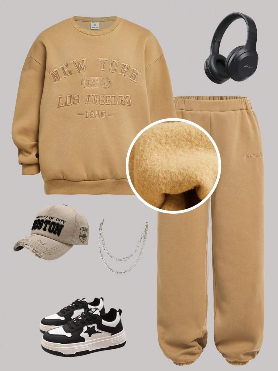 2pcs Set Tween Girls' Loose Casual Chic Embroidered Sweatshirt And Tapered Sweatpants, Thermal Lined , Thickened - Khaki - View 1