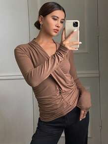 DAZY Fall Casual Solid Color Ruched Long Sleeve Tee - Brown - View 3