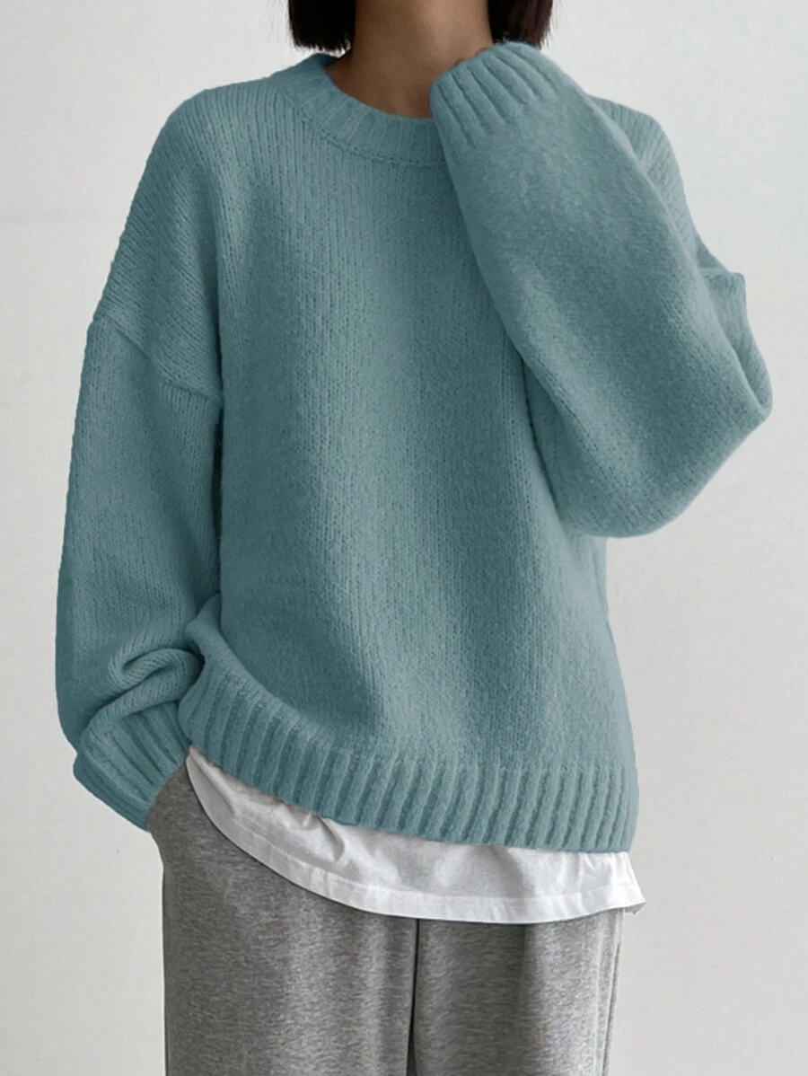 DAZY Loose Batwing Casual Solid Sweater, Fall/Winter - Mint Blue - View 1
