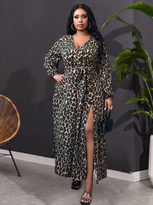 Maweii 大码女式雪纺 V 领豹纹长袖 A 字开衩下摆连衣裙，性感黑色 - 棕色 - 查看 6