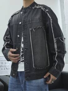 Claim Dot Men's Casual Street Wear Rapper Plain Dark Denim Jacket With Pockets And Frayed Hem, Spring Autumn, For Going Out - Black - View 4